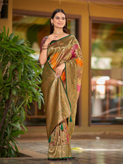 Multi-Color Mustard, Rani Pink & Olive Brown Woven Jacquard Silk Saree with Blouse Piece