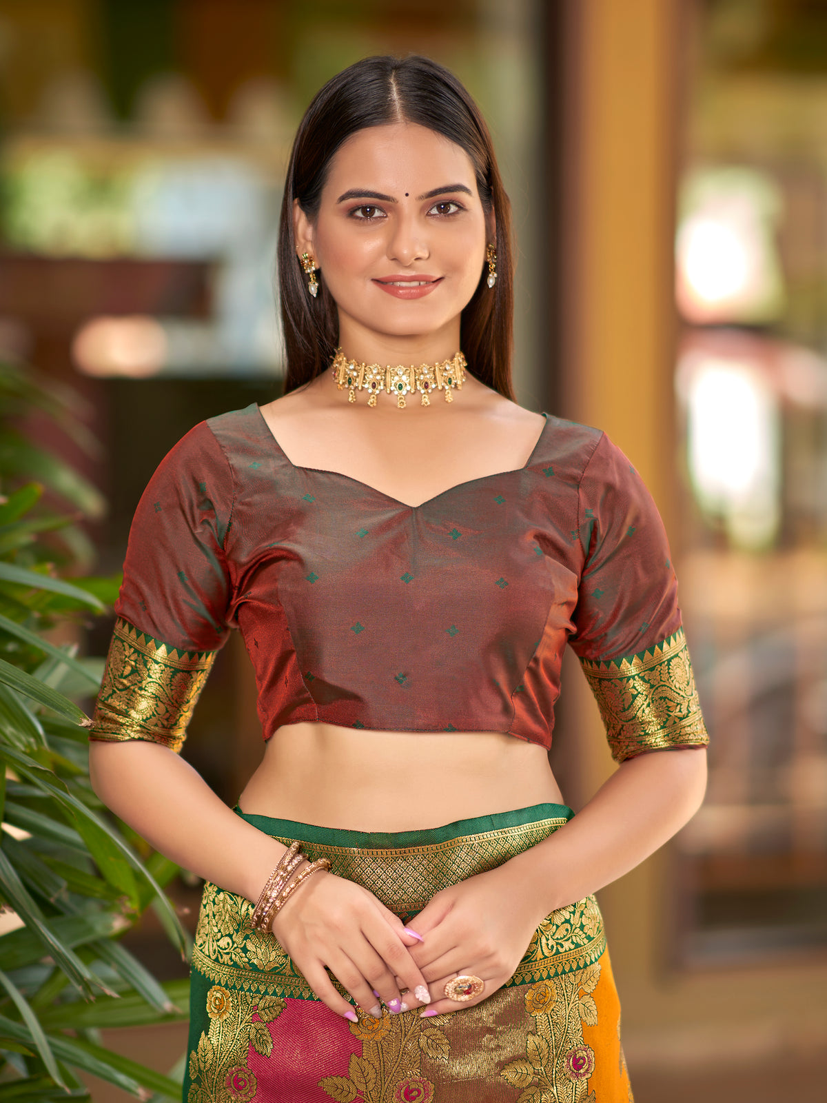 Multi-Color Mustard, Rani Pink & Olive Brown Woven Jacquard Silk Saree with Blouse Piece