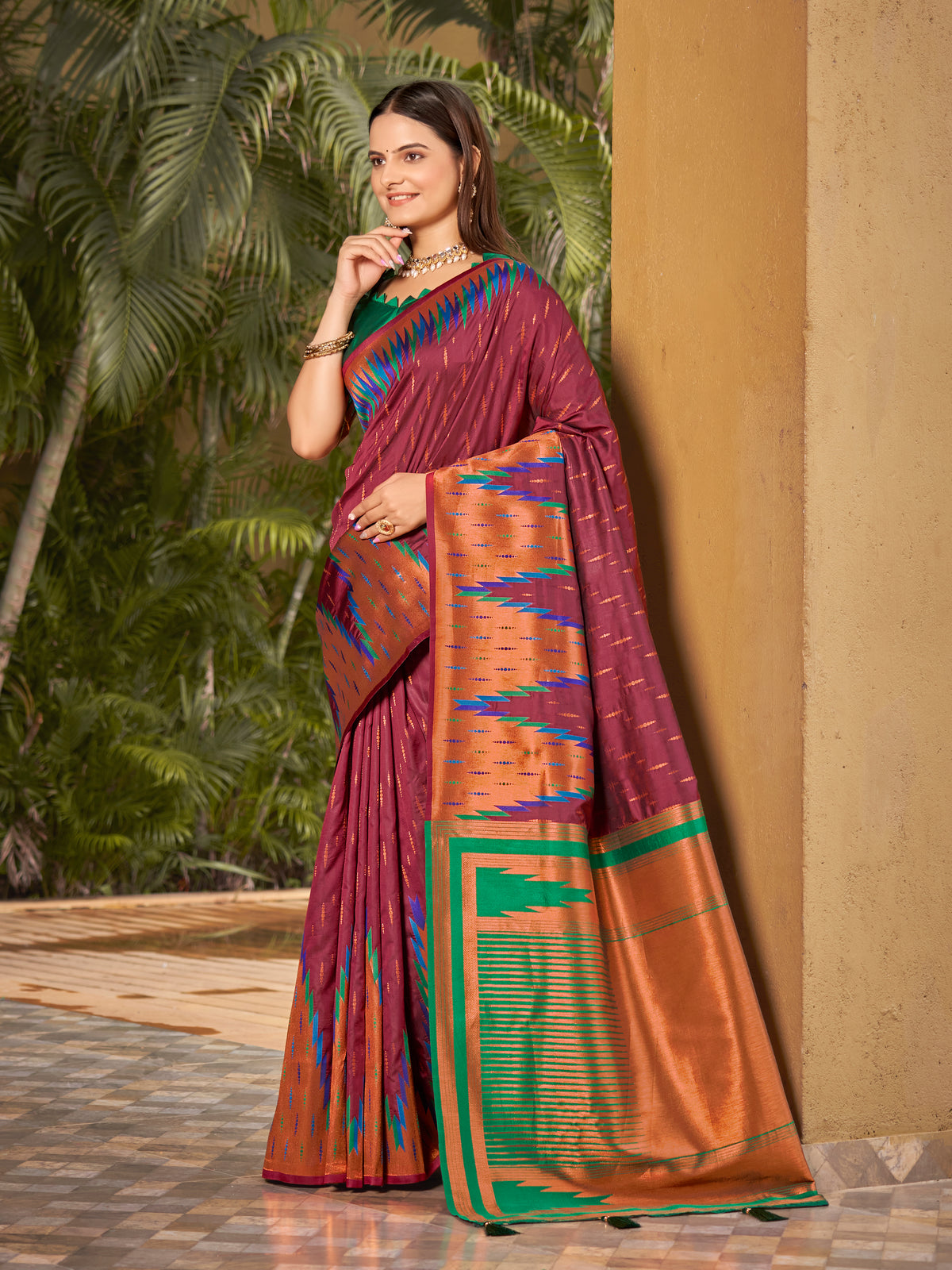 Plum Wine & Emerald Green Ikat Woven Art Silk Saree with Blouse Piece