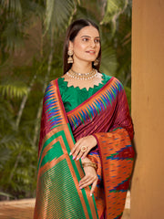 Plum Wine & Emerald Green Ikat Woven Art Silk Saree with Blouse Piece