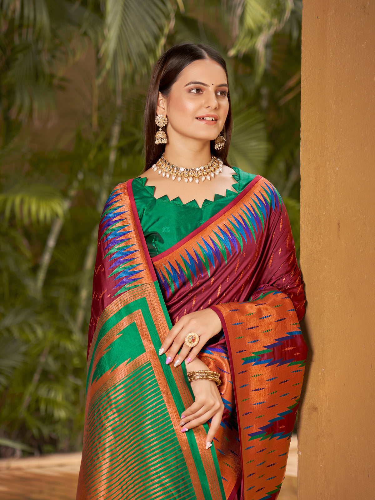 Plum Wine & Emerald Green Ikat Woven Art Silk Saree with Blouse Piece
