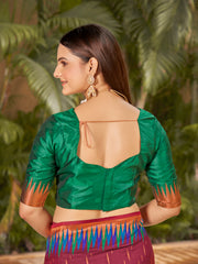 Plum Wine & Emerald Green Ikat Woven Art Silk Saree with Blouse Piece