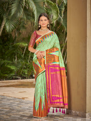 Mint Green & Magenta Pink Ikat Woven Art Silk Saree with Blouse Piece