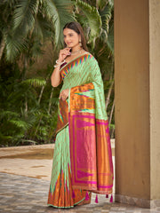 Mint Green & Magenta Pink Ikat Woven Art Silk Saree with Blouse Piece