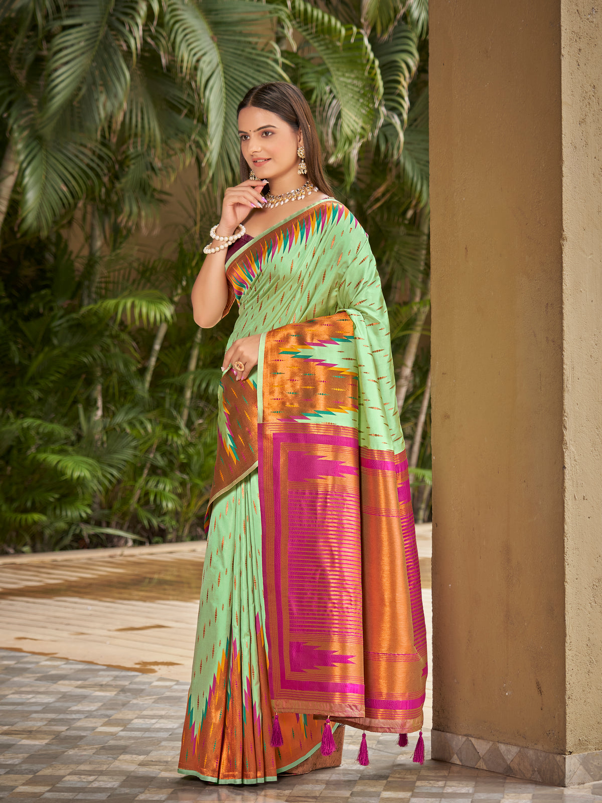 Mint Green & Magenta Pink Ikat Woven Art Silk Saree with Blouse Piece