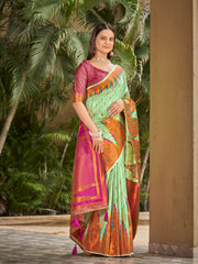 Mint Green & Magenta Pink Ikat Woven Art Silk Saree with Blouse Piece