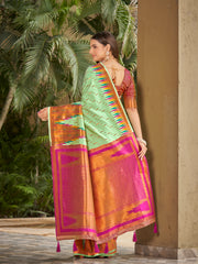Mint Green & Magenta Pink Ikat Woven Art Silk Saree with Blouse Piece