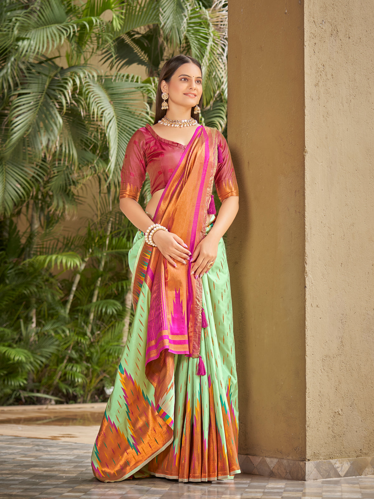 Mint Green & Magenta Pink Ikat Woven Art Silk Saree with Blouse Piece