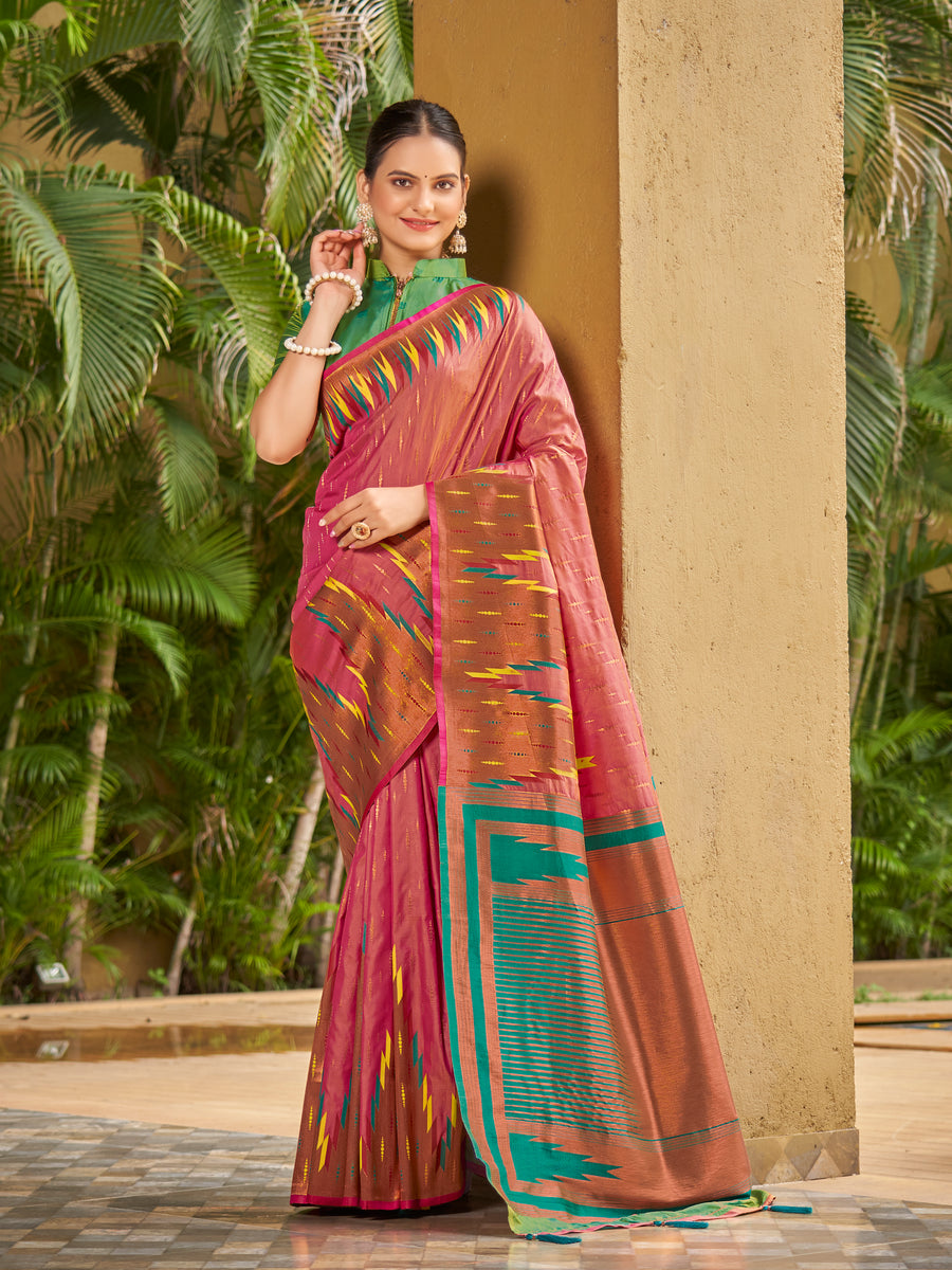 Onion Pink & Emerald Green Ikat Woven Art Silk Saree with Blouse Piece