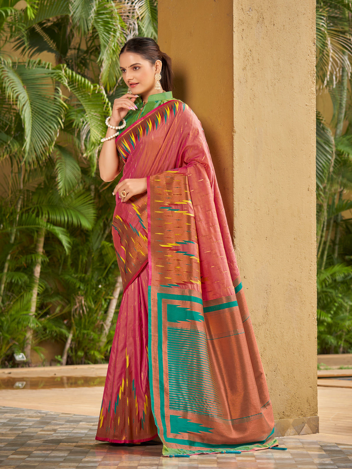 Onion Pink & Emerald Green Ikat Woven Art Silk Saree with Blouse Piece