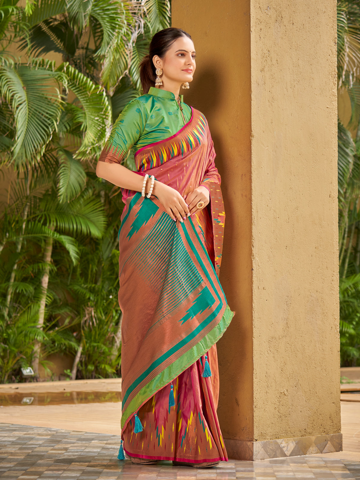 Onion Pink & Emerald Green Ikat Woven Art Silk Saree with Blouse Piece