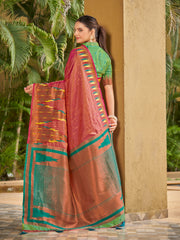 Onion Pink & Emerald Green Ikat Woven Art Silk Saree with Blouse Piece
