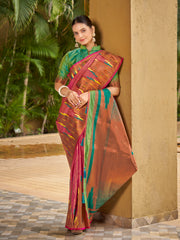 Onion Pink & Emerald Green Ikat Woven Art Silk Saree with Blouse Piece