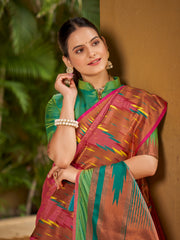 Onion Pink & Emerald Green Ikat Woven Art Silk Saree with Blouse Piece