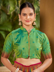 Onion Pink & Emerald Green Ikat Woven Art Silk Saree with Blouse Piece