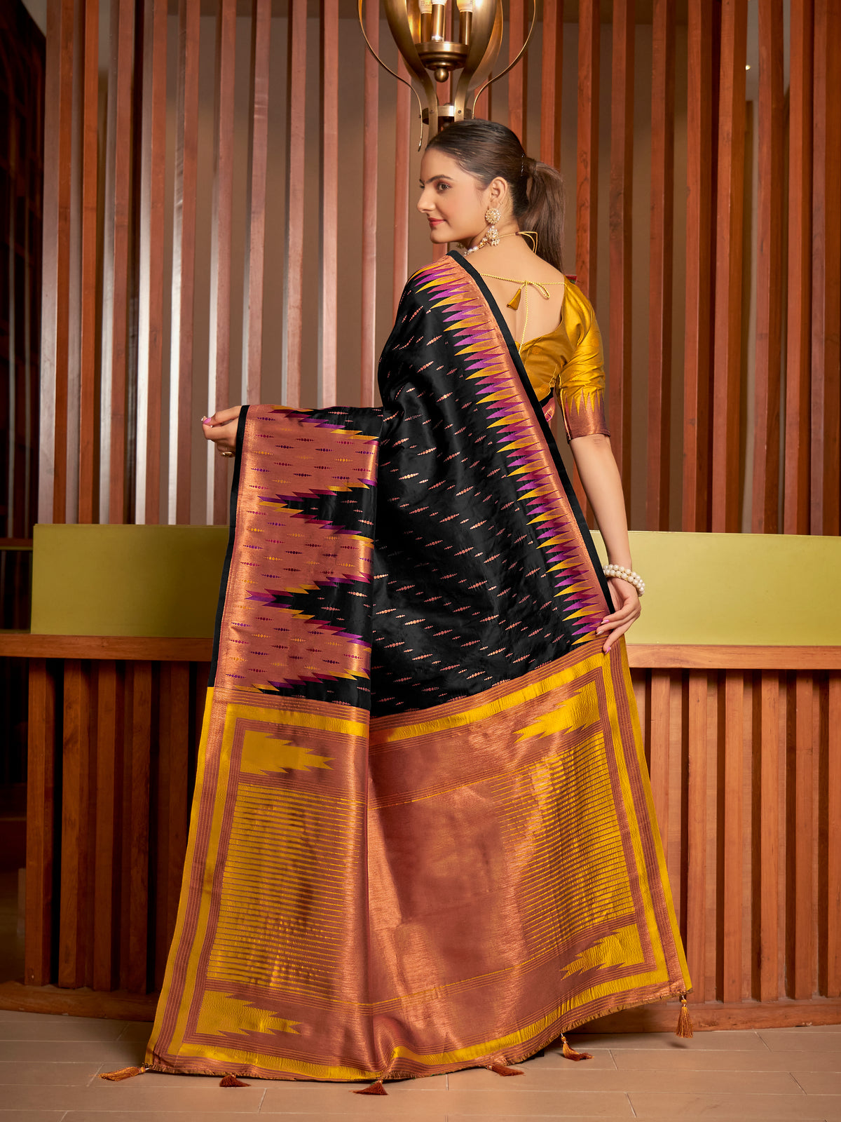 et Black & Mustard Gold Ikat Woven Art Silk Saree with Blouse Piece