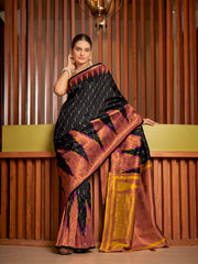 et Black & Mustard Gold Ikat Woven Art Silk Saree with Blouse Piece