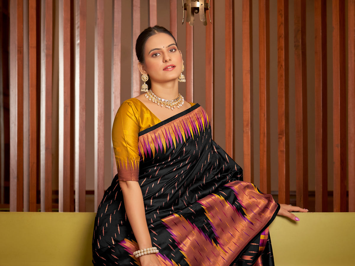 et Black & Mustard Gold Ikat Woven Art Silk Saree with Blouse Piece