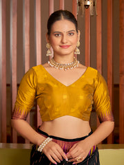 et Black & Mustard Gold Ikat Woven Art Silk Saree with Blouse Piece
