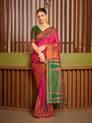 Rani Pink & Emerald Green Ikat Woven Art Silk Saree with Blouse Piece