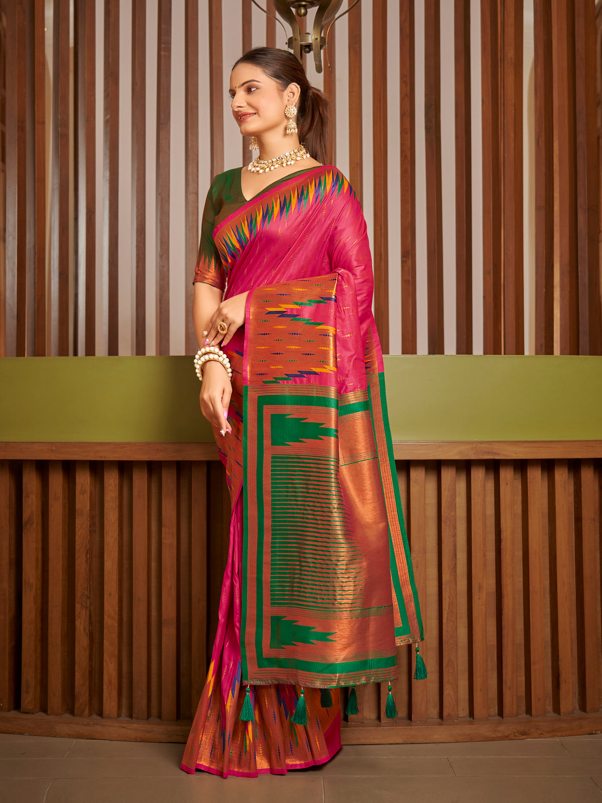 Rani Pink & Emerald Green Ikat Woven Art Silk Saree with Blouse Piece