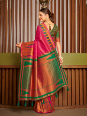 Rani Pink & Emerald Green Ikat Woven Art Silk Saree with Blouse Piece