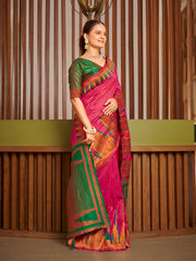 Rani Pink & Emerald Green Ikat Woven Art Silk Saree with Blouse Piece