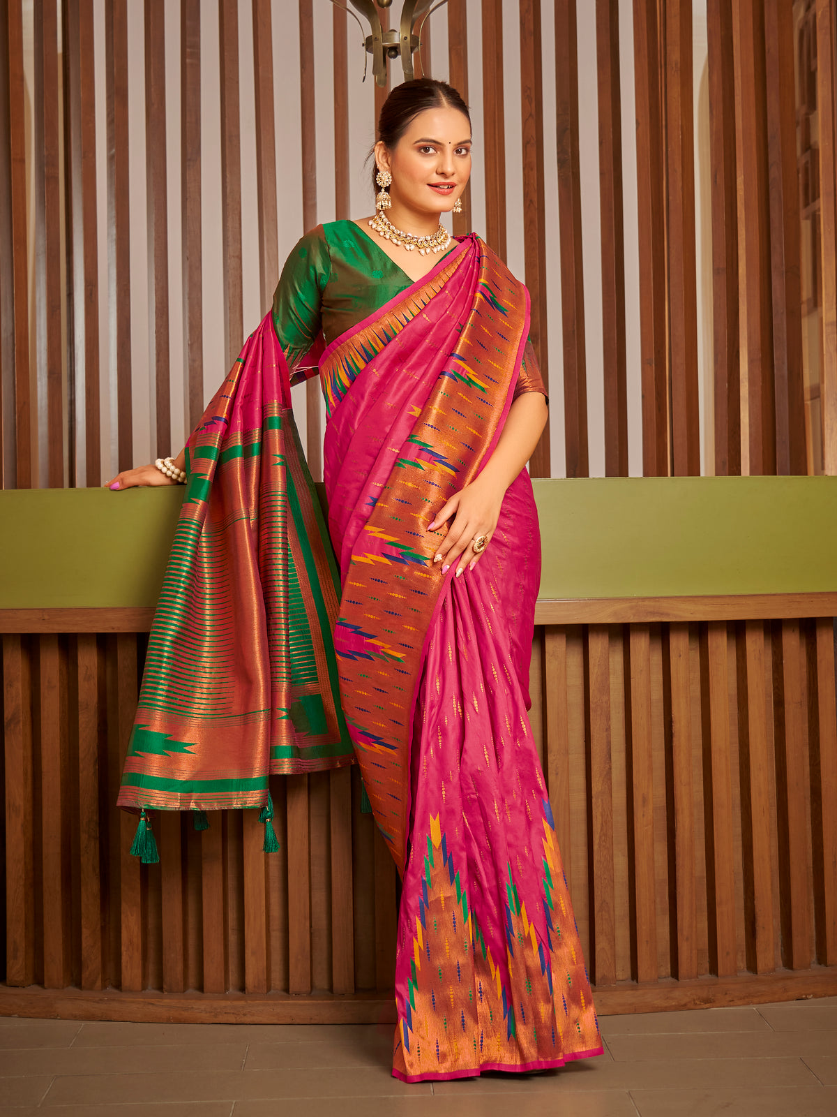 Rani Pink & Emerald Green Ikat Woven Art Silk Saree with Blouse Piece