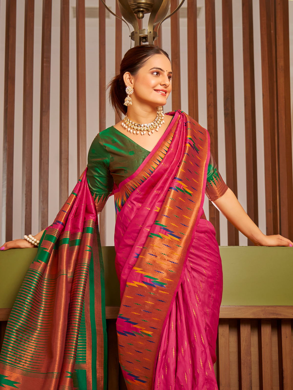 Rani Pink & Emerald Green Ikat Woven Art Silk Saree with Blouse Piece
