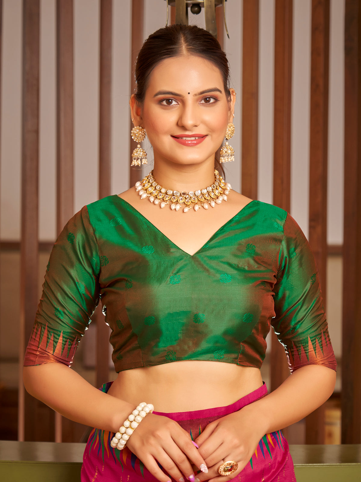 Rani Pink & Emerald Green Ikat Woven Art Silk Saree with Blouse Piece