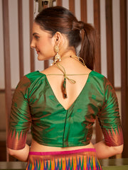 Rani Pink & Emerald Green Ikat Woven Art Silk Saree with Blouse Piece