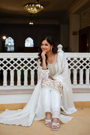 GorIvory White Fandi Silk Kurti Palazzo Dupatta Set