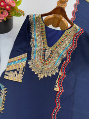 Women’s Navy Blue Pure Heavy Roman Silk Embroidered Sequin Suit Set with Purse