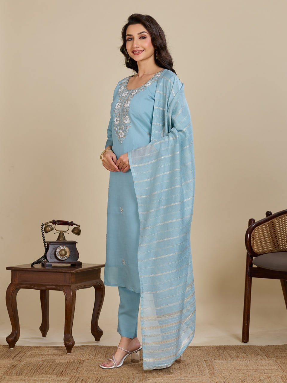 Elegant Roman Silk Handwork Embroidered 3 Piece Kurta Pant Dupatta Set