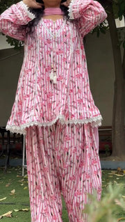 Women’s Pink Floral Stripe Natural Crepe  Short Kurti Farshi Pant Dupatta Set