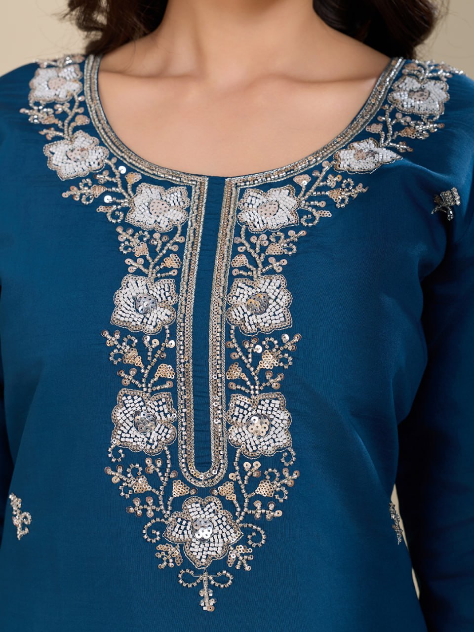 Elegant Roman Silk Handwork Embroidered 3 Piece Kurta Pant Dupatta Set