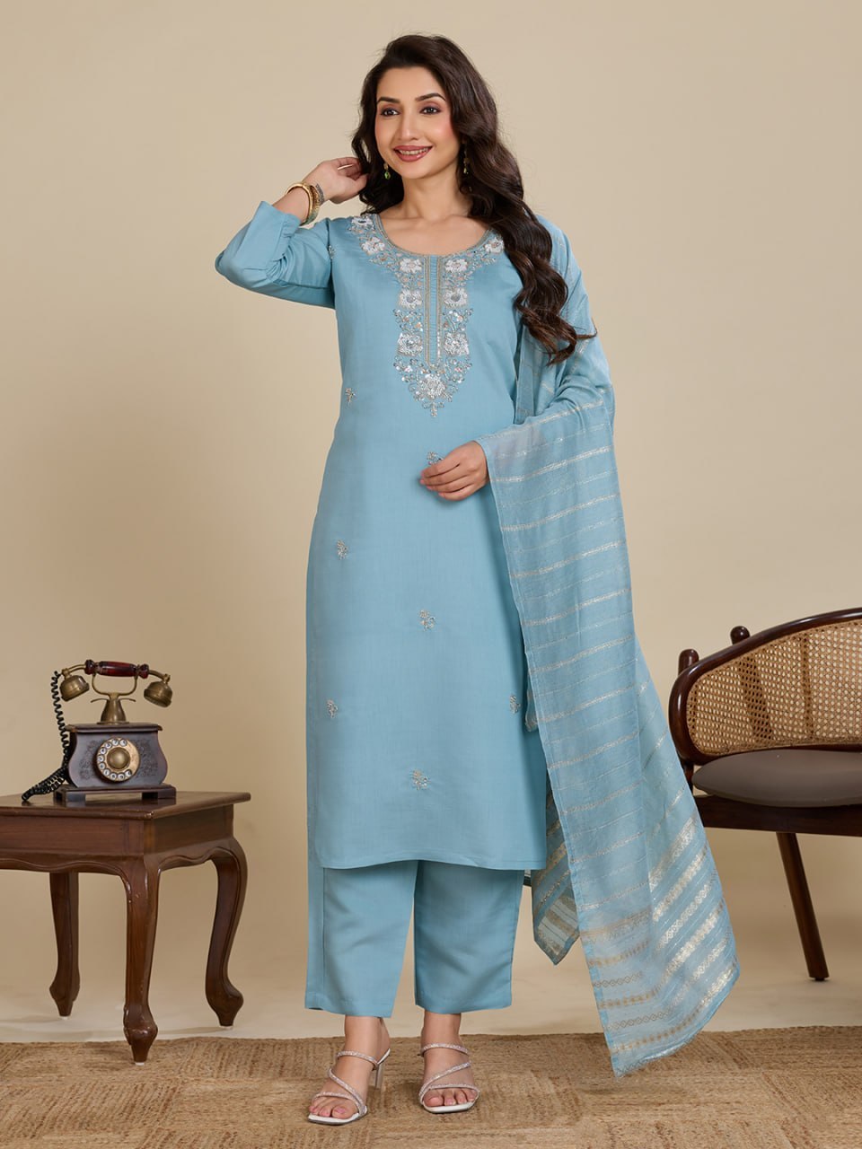 Elegant Roman Silk Handwork Embroidered 3 Piece Kurta Pant Dupatta Set