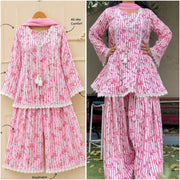 Women’s Pink Floral Stripe Natural Crepe  Short Kurti Farshi Pant Dupatta Set