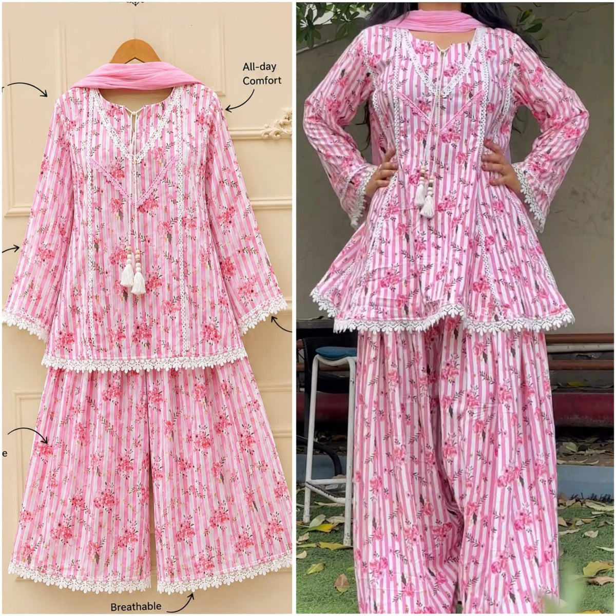 Women’s Pink Floral Stripe Natural Crepe  Short Kurti Farshi Pant Dupatta Set