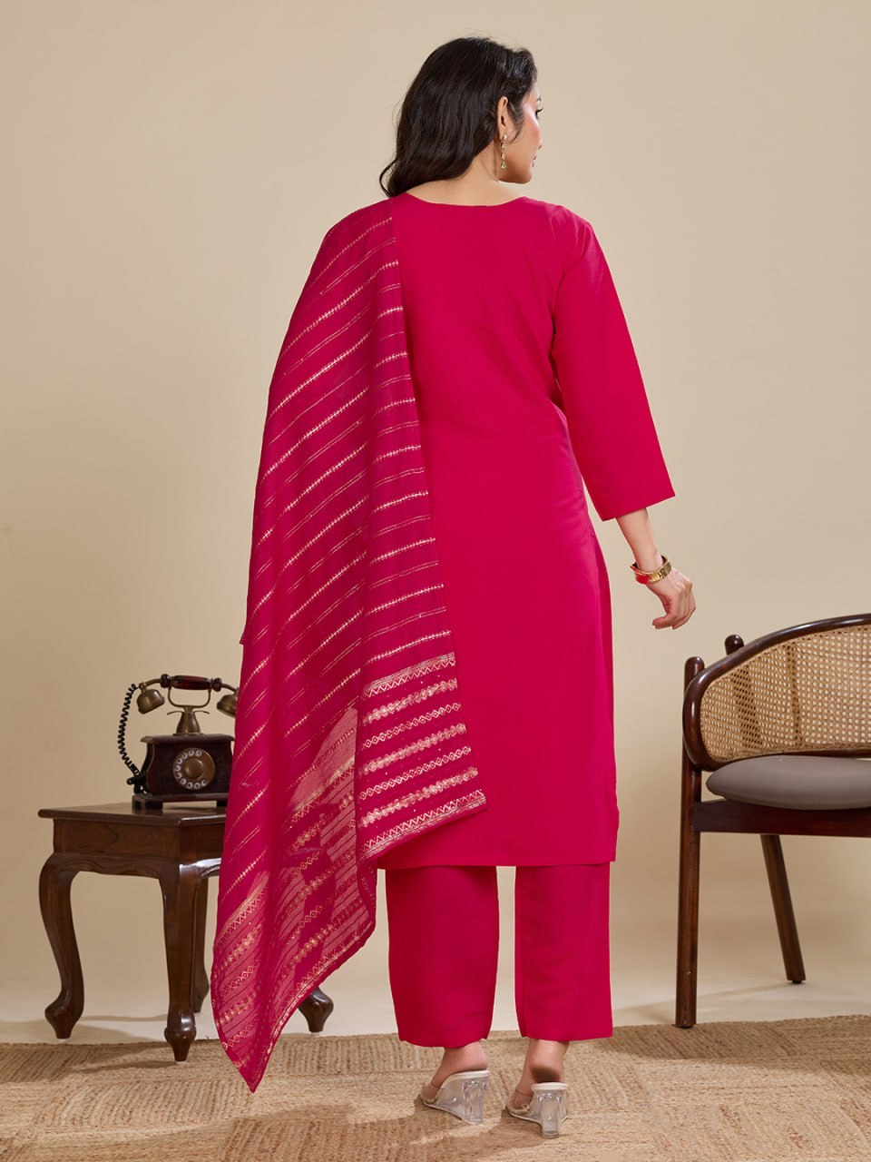 Elegant Roman Silk Handwork Embroidered 3 Piece Kurta Pant Dupatta Set