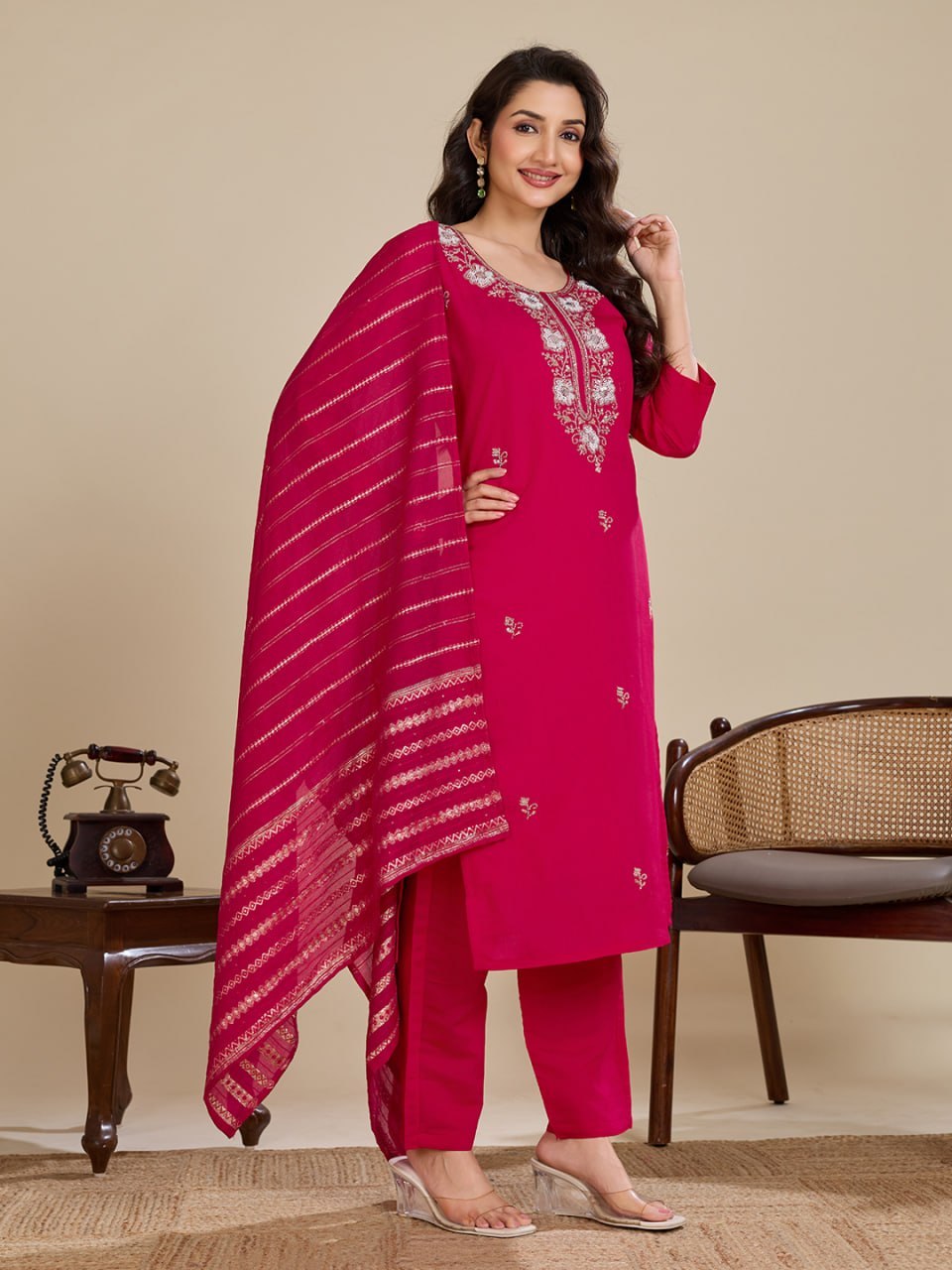 Elegant Roman Silk Handwork Embroidered 3 Piece Kurta Pant Dupatta Set