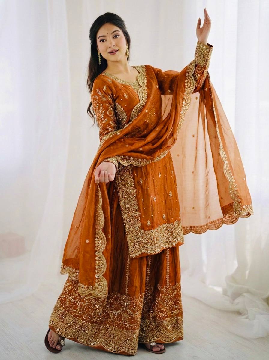 Gorgeous Fendy Silk Heavy Embroidered  Kurta Palazzo Dupatta Set