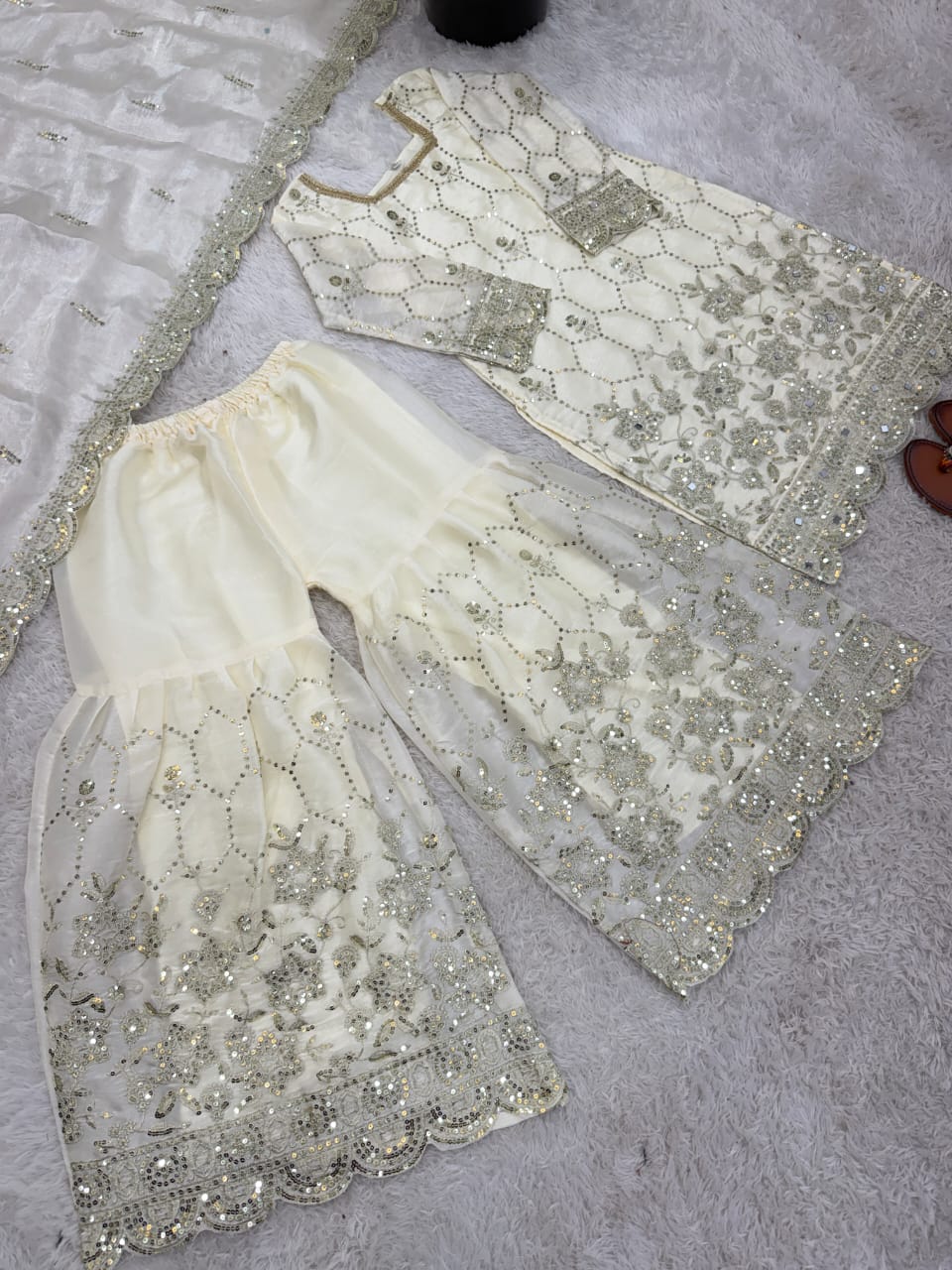 Chinnon Silk Embroidered Sharara Suit 3 Piece Top Sharara Dupatta Set