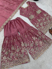 Chinnon Silk Embroidered Sharara Suit 3 Piece Top Sharara Dupatta Set