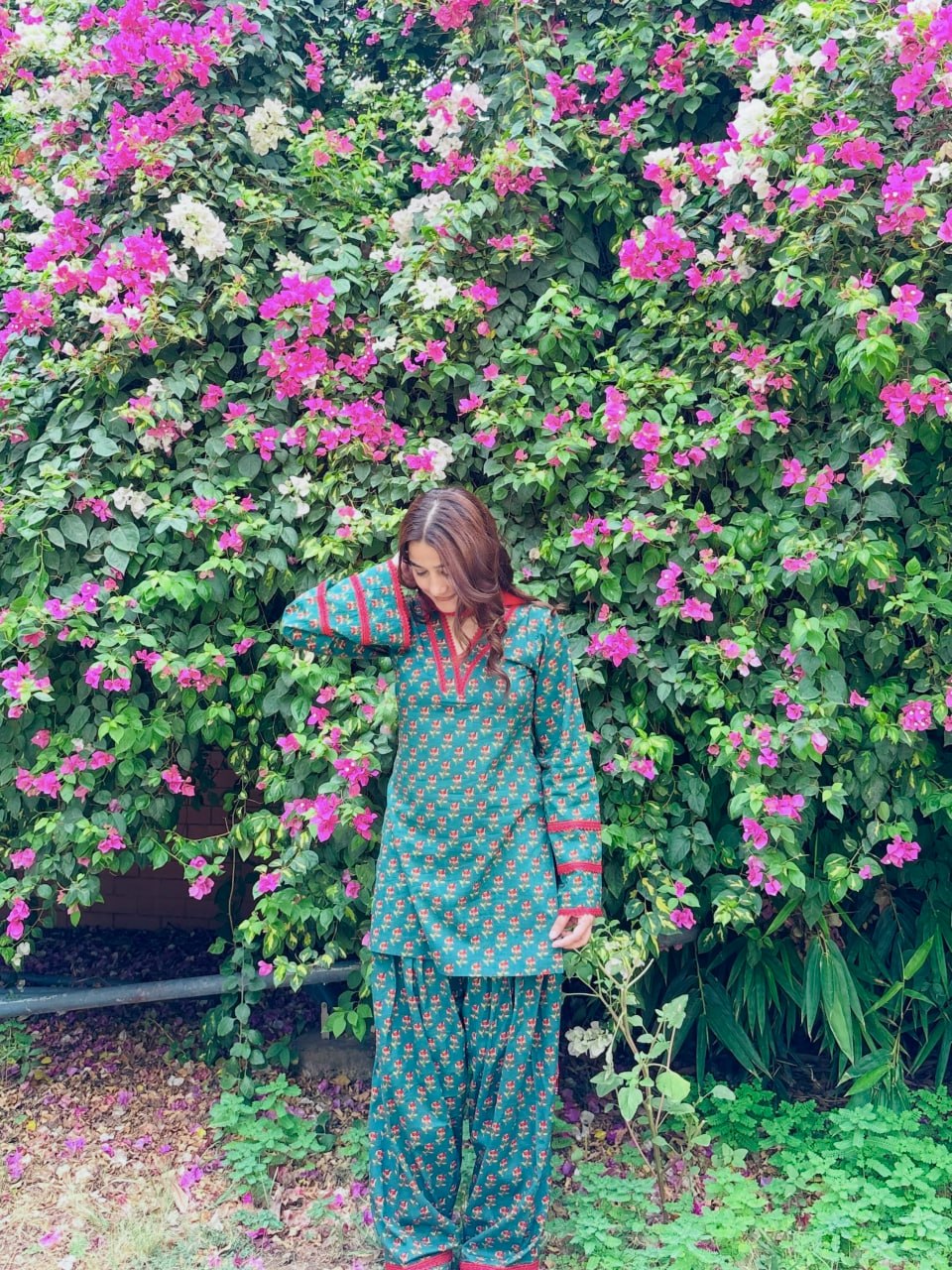 Women’s Teal Green Floral Natural Crepe 3 Piece Short Kurti Farshi Pant Dupatta Set