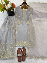 Gorgeous Fendy Silk Heavy Embroidered  Kurta Palazzo Dupatta Set