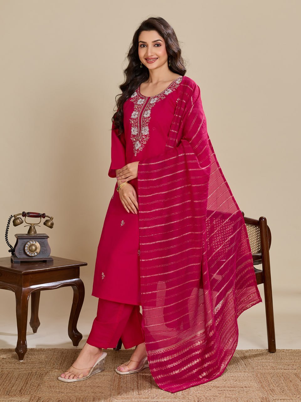 Elegant Roman Silk Handwork Embroidered 3 Piece Kurta Pant Dupatta Set