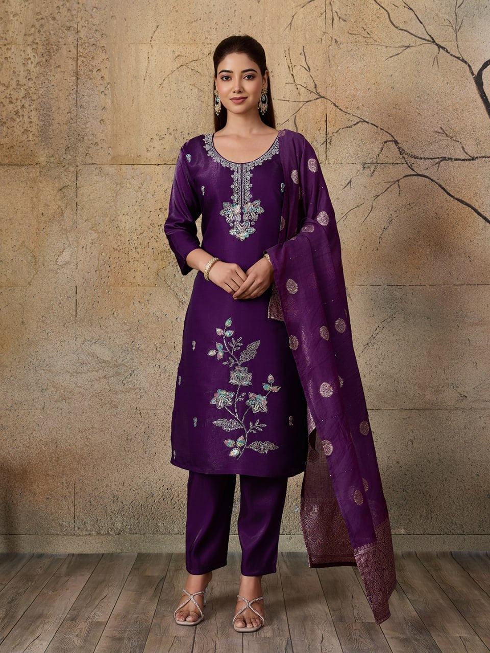 Beautiful Roman Glass Embroidered 3 Piece Kurta Pant Dupatta Set