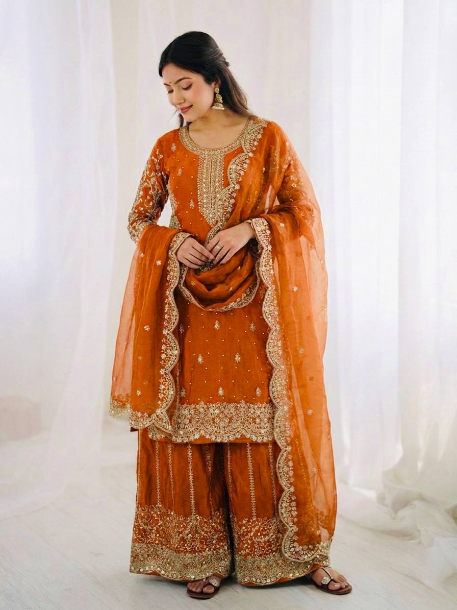 Gorgeous Fendy Silk Heavy Embroidered  Kurta Palazzo Dupatta Set