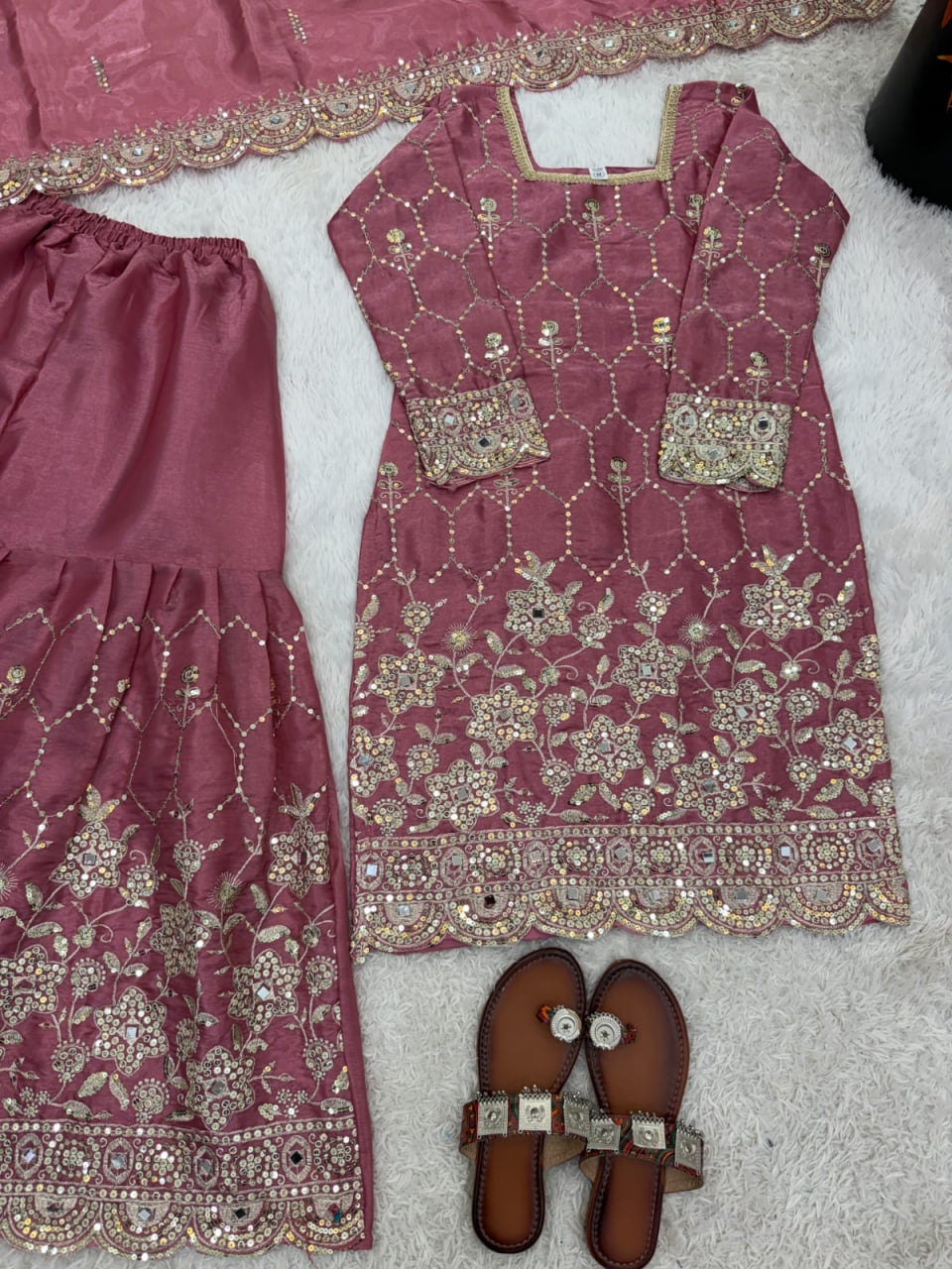 Chinnon Silk Embroidered Sharara Suit 3 Piece Top Sharara Dupatta Set